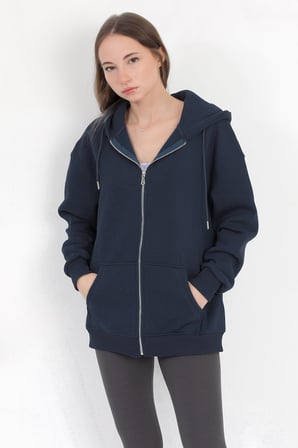 Kadın Indigo Fermuarlı Şardonlu Kapüşonlu Oversize Sweatshirt - 9015 - 264401