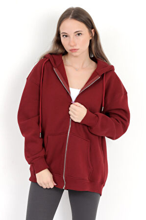 Kadın Bordo Fermuarlı Şardonlu Kapüşonlu Oversize Sweatshirt - 9015 - 264401