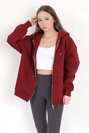 Kadın Bordo Fermuarlı Şardonlu Kapüşonlu Oversize Sweatshirt - 9015 - 264401