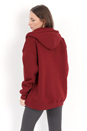 Kadın Bordo Fermuarlı Şardonlu Kapüşonlu Oversize Sweatshirt - 9015 - 264401