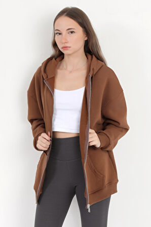 Kadın Kahverengi Fermuarlı Şardonlu Kapüşonlu Oversize Sweatshirt - 9015 - 264401