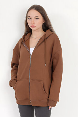 Kadın Kahverengi Fermuarlı Şardonlu Kapüşonlu Oversize Sweatshirt - 9015 - 264401