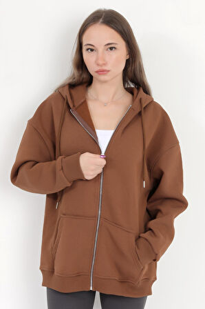 Kadın Kahverengi Fermuarlı Şardonlu Kapüşonlu Oversize Sweatshirt - 9015 - 264401