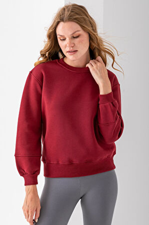 Kadın Bisiklet Yaka Kol Parçalı 3İp Şardonlu Sweatshirt Bordo - 2513