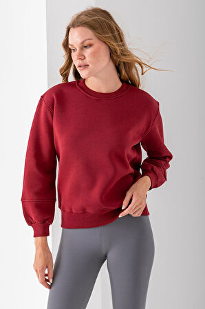 Kadın Bisiklet Yaka Kol Parçalı 3İp Şardonlu Sweatshirt Bordo - 2513