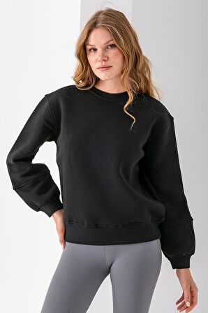 Kadın Bisiklet Yaka Kol Parçalı 3İp Şardonlu Sweatshirt Siyah - 2513