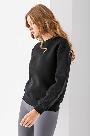 Kadın Bisiklet Yaka Kol Parçalı 3İp Şardonlu Sweatshirt Siyah - 2513