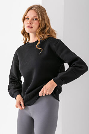 Kadın Bisiklet Yaka Kol Parçalı 3İp Şardonlu Sweatshirt Siyah - 2513