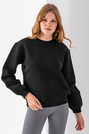 Kadın Bisiklet Yaka Kol Parçalı 3İp Şardonlu Sweatshirt Siyah - 2513