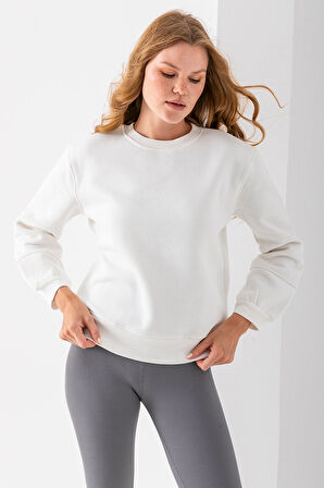 Kadın Bisiklet Yaka Kol Parçalı 3İp Şardonlu Sweatshirt Beyaz - 2513