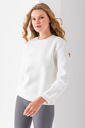 Kadın Bisiklet Yaka Kol Parçalı 3İp Şardonlu Sweatshirt Beyaz - 2513