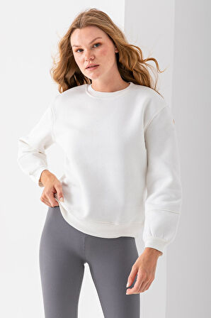 Kadın Bisiklet Yaka Kol Parçalı 3İp Şardonlu Sweatshirt Beyaz - 2513