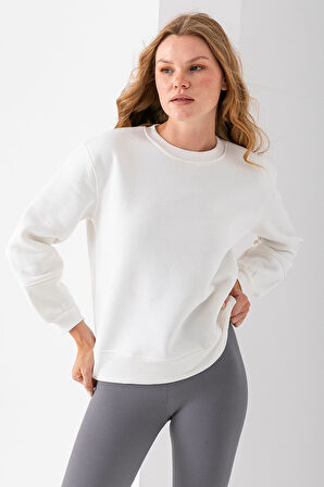 Kadın Bisiklet Yaka Kol Parçalı 3İp Şardonlu Sweatshirt Beyaz - 2513