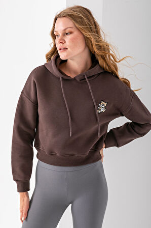 Kadın Kapüşonlu Ayıcık Nakışlı 3İp Crop Sweatshirt Kahverengi - 2668
