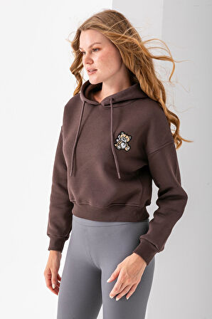 Kadın Kapüşonlu Ayıcık Nakışlı 3İp Crop Sweatshirt Kahverengi - 2668