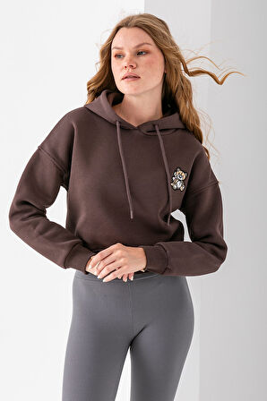 Kadın Kapüşonlu Ayıcık Nakışlı 3İp Crop Sweatshirt Kahverengi - 2668
