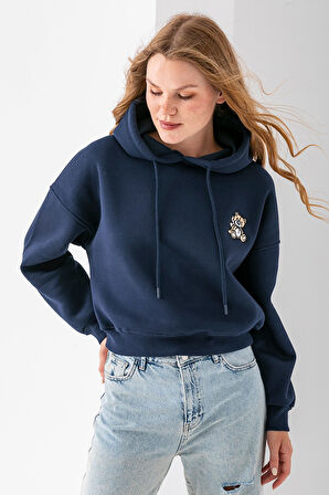 Kadın Kapüşonlu Ayıcık Nakışlı 3İp Crop Sweatshirt Lacivert - 2668