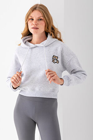 Kadın Kapüşonlu Ayıcık Nakışlı 3İp Crop Sweatshirt Gri - 2668