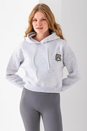 Kadın Kapüşonlu Ayıcık Nakışlı 3İp Crop Sweatshirt Gri - 2668