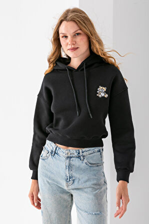 Kadın Kapüşonlu Ayıcık Nakışlı 3İp Crop Sweatshirt Siyah - 2668