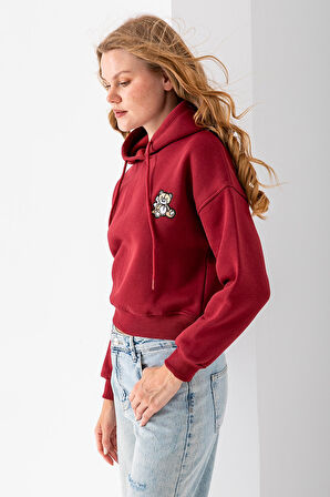 Kadın Kapüşonlu Ayıcık Nakışlı 3İp Crop Sweatshirt Bordo - 2668