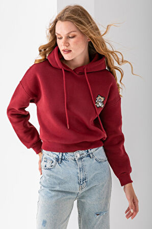 Kadın Kapüşonlu Ayıcık Nakışlı 3İp Crop Sweatshirt Bordo - 2668