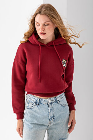 Kadın Kapüşonlu Ayıcık Nakışlı 3İp Crop Sweatshirt Bordo - 2668