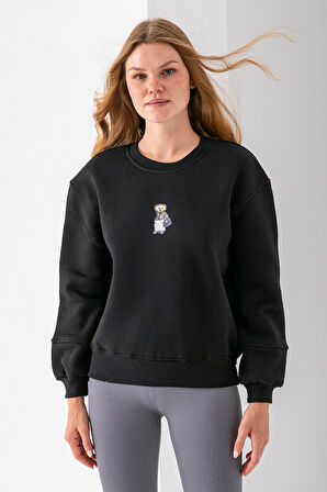 Kadın Bisiklet Yaka Çantalı Ayıcık Nakışlı 3İp Sweatshirt Siyah - 2626