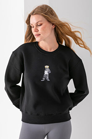 Kadın Bisiklet Yaka Çantalı Ayıcık Nakışlı 3İp Sweatshirt Siyah - 2626