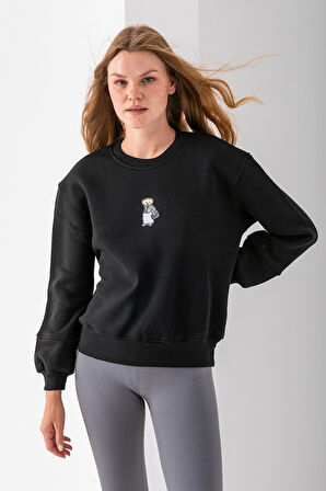 Kadın Bisiklet Yaka Çantalı Ayıcık Nakışlı 3İp Sweatshirt Siyah - 2626