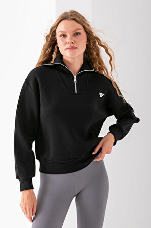 Kadın Dik Yaka Yarım Fermuarlı Kelebek Aksesuarlı 3İp Şardonlu Sweatshirt Siyah - 2663