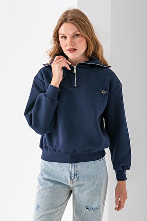Kadın Dik Yaka Yarım Fermuarlı Kelebek Aksesuarlı 3İp Şardonlu Sweatshirt Lacivert - 2663