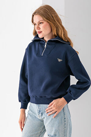 Kadın Dik Yaka Yarım Fermuarlı Kelebek Aksesuarlı 3İp Şardonlu Sweatshirt Lacivert - 2663