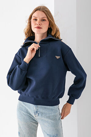 Kadın Dik Yaka Yarım Fermuarlı Kelebek Aksesuarlı 3İp Şardonlu Sweatshirt Lacivert - 2663
