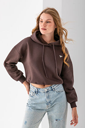 Kadın Kapüşonlu Fashion Aksesuarlı 3İp Crop Sweatshirt Kahverengi - 2667