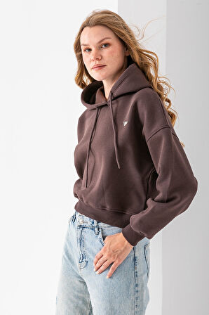 Kadın Kapüşonlu Fashion Aksesuarlı 3İp Crop Sweatshirt Kahverengi - 2667