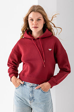 Kadın Kapüşonlu Fashion Aksesuarlı 3İp Crop Sweatshirt Bordo - 2667