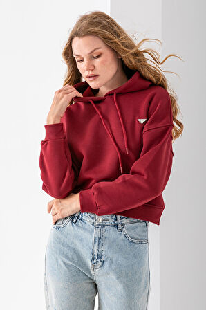 Kadın Kapüşonlu Fashion Aksesuarlı 3İp Crop Sweatshirt Bordo - 2667