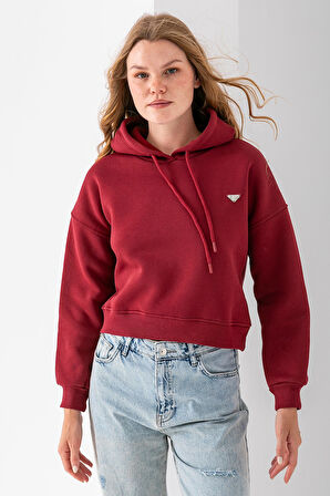 Kadın Kapüşonlu Fashion Aksesuarlı 3İp Crop Sweatshirt Bordo - 2667