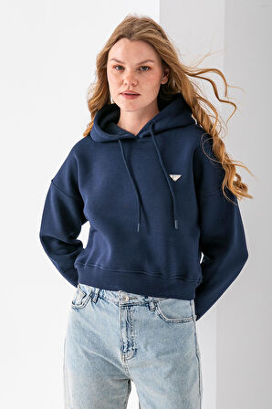 Kadın Kapüşonlu Fashion Aksesuarlı 3İp Crop Sweatshirt Lacivert - 2667