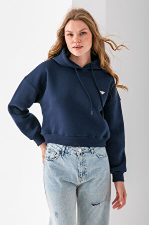 Kadın Kapüşonlu Fashion Aksesuarlı 3İp Crop Sweatshirt Lacivert - 2667