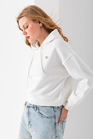 Kadın Kapüşonlu Fashion Aksesuarlı 3İp Crop Sweatshirt Beyaz - 2667