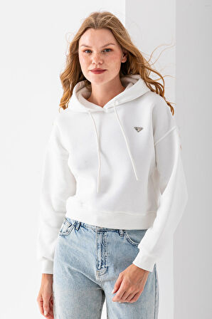 Kadın Kapüşonlu Fashion Aksesuarlı 3İp Crop Sweatshirt Beyaz - 2667