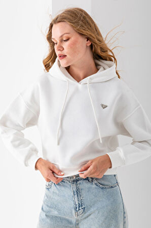 Kadın Kapüşonlu Fashion Aksesuarlı 3İp Crop Sweatshirt Beyaz - 2667