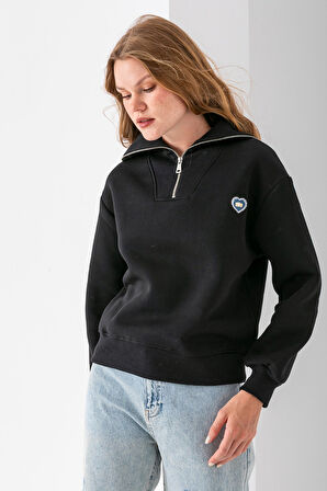 Kadın Yarım Fermuarlı Taşlı Kalp Nakışlı 3İp Sweatshirt Siyah - 2665