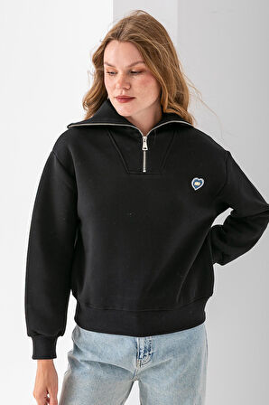Kadın Yarım Fermuarlı Taşlı Kalp Nakışlı 3İp Sweatshirt Siyah - 2665