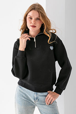 Kadın Yarım Fermuarlı Taşlı Kalp Nakışlı 3İp Sweatshirt Siyah - 2665