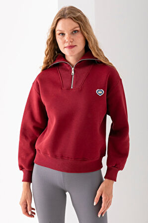 Kadın Yarım Fermuarlı Taşlı Kalp Nakışlı 3İp Sweatshirt Bordo - 2665