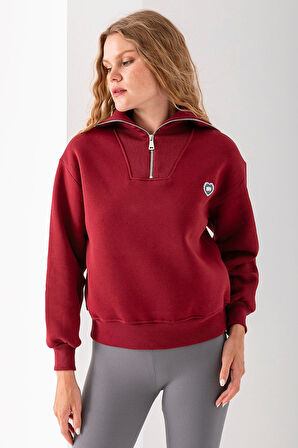 Kadın Yarım Fermuarlı Taşlı Kalp Nakışlı 3İp Sweatshirt Bordo - 2665