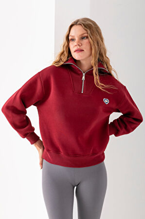 Kadın Yarım Fermuarlı Taşlı Kalp Nakışlı 3İp Sweatshirt Bordo - 2665